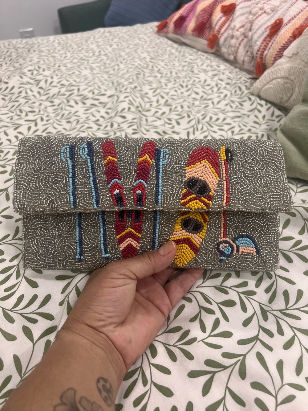 Beaded Gray Multicolor Clutch/ Crossbody Handbag